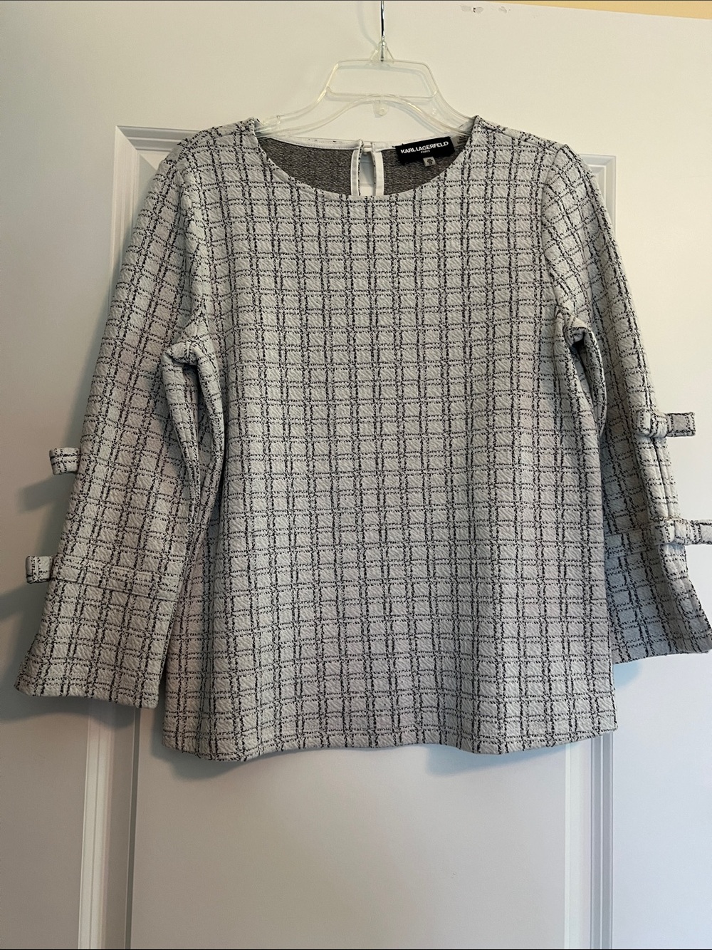 Karl Lagerfeld Off-white and Black Plaid Tweed 3/4-Sleeve Top with Bows